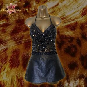 Black Sequin Fringe Backless Halter Tie Top